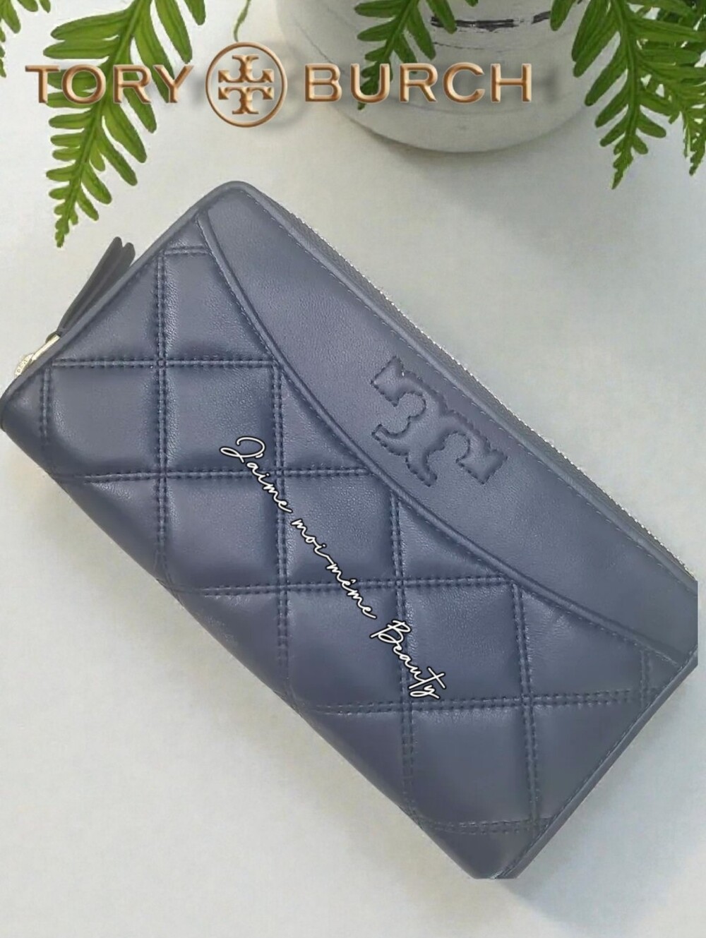 Tory Burch Navy Blue Savannah Quilted Leather ZIP AROUND wallet NWT